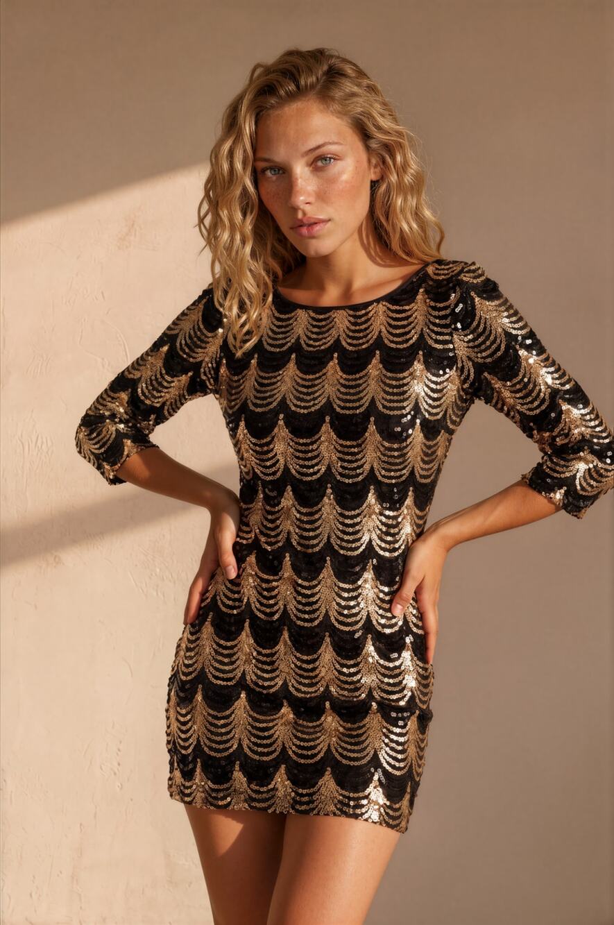 Women's Black & Gold Sequin Cocktail Dress | New Year's Eve Evening Dress